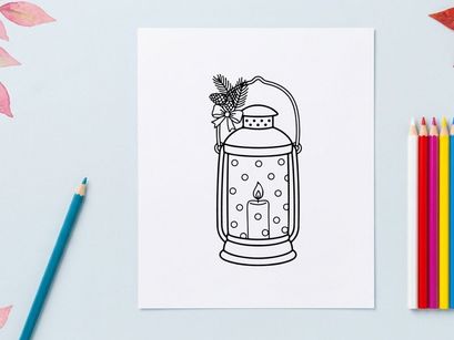 Weihnachts-Laternen-Linienkunst-Illustration mit Tannenzweig und Kerze für Weihnachtsdekoration