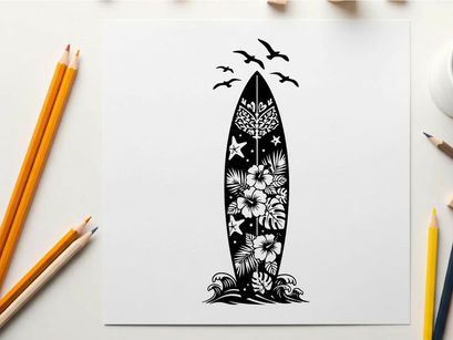 Surfboard silhouette with floral design and flying birds