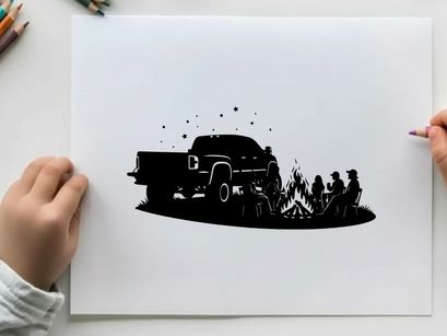 Silhouette of a pickup truck at a campfire with friends