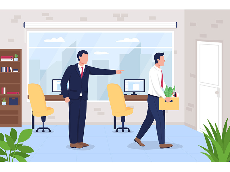 Boss firing employee from office job flat color vector illustration
