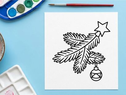 Ilustração vetorial de galho de árvore de Natal com estrela e enfeite de bola