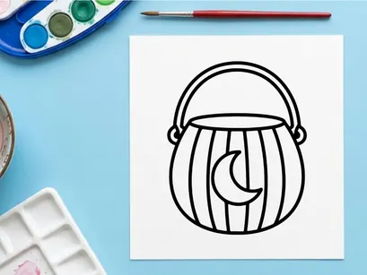 Icono de cubo de dulces de Halloween. Cubo de truco o trato con símbolo de luna para diseño de festividades.