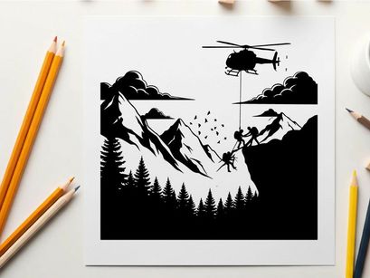 Silhouette of helicopter rescuing people in mountainous terrain with silhouette