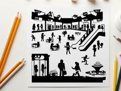 Silhouette of people in a busy shopping mall interior