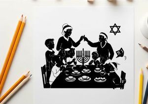 Happy jewish family in silhouette celebrating hanukkah together