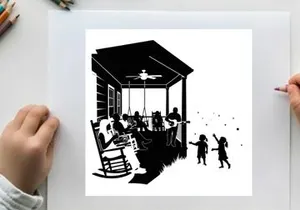 Silhouette of family on a porch with children playing
