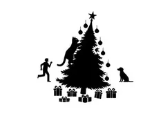 Christmas tree silhouette with cat dog and runner silhouette