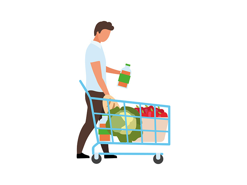 Man with full shopping cart semi flat color vector character