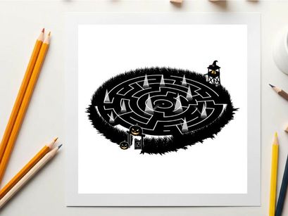 Silhouette of a person standing in a mysterious maze with pyramids silhouette