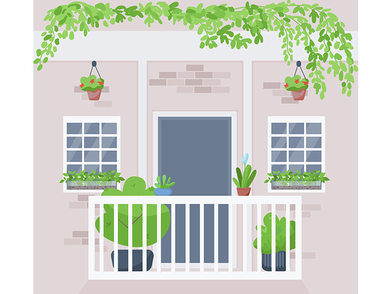 Windowsill urban garden flat color vector illustration