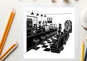 Silhouette of a classic american diner with booths and a long counter