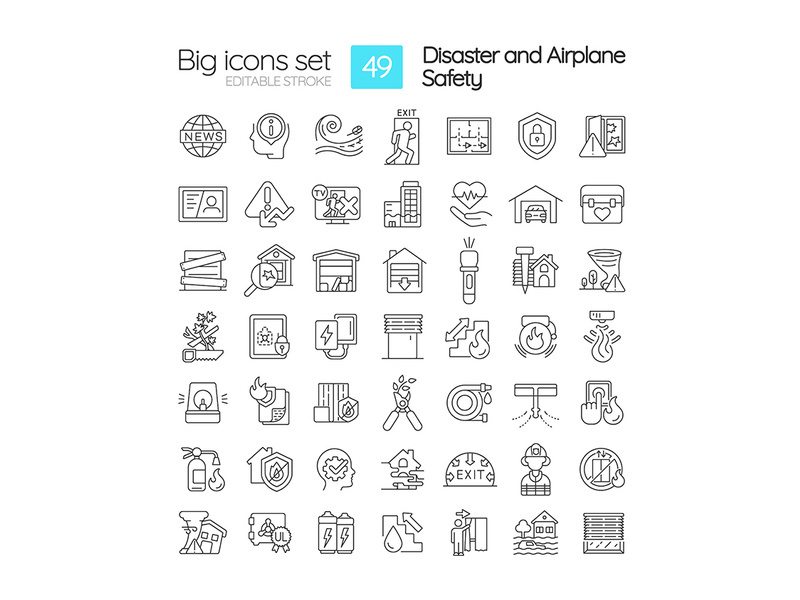Disasters and accidents preparedness linear icons set