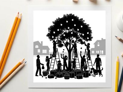 Silhouette of people decorating a tree with lights in a residential area silhouette