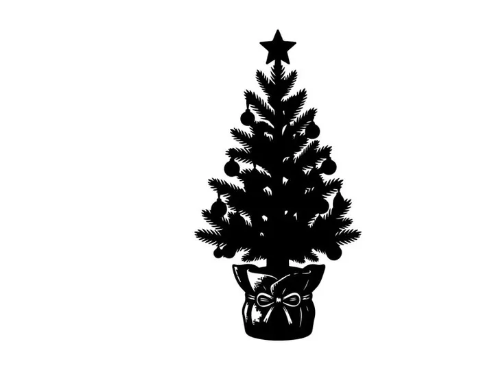 Black silhouette of a decorated Christmas tree with a star topper on white background