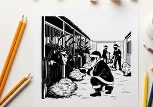 Santa claus feeding reindeer in a stable silhouette