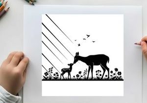 Mother deer and fawn silhouette in a field of flowers