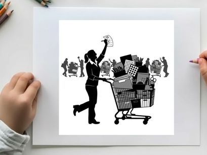 Silhouette of woman with shopping cart and money in hand