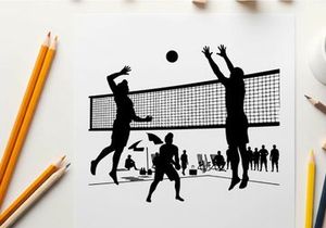 Silhouette of volleyball players in action on the beach