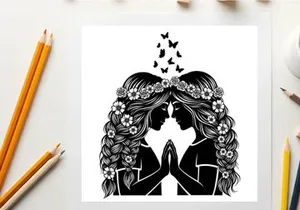 Silhouette of two women with floral crowns and butterflies
