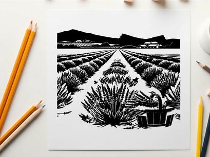 Lavender field silhouette with mountains in the background scenery