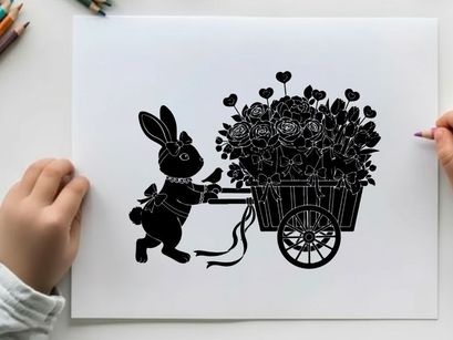 Silhouette of a bunny pushing a flower cart with heart shaped blooms