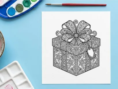 Kotak hadiah Natal dengan pola floral rumit dan pita dekoratif besar seni garis.