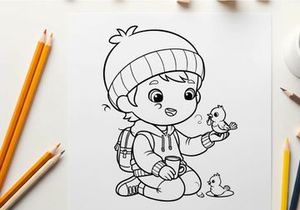 Cute nurse child feeding baby birds vector illustration