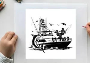 Silhouette of a fishing boat with a large catch and seagulls