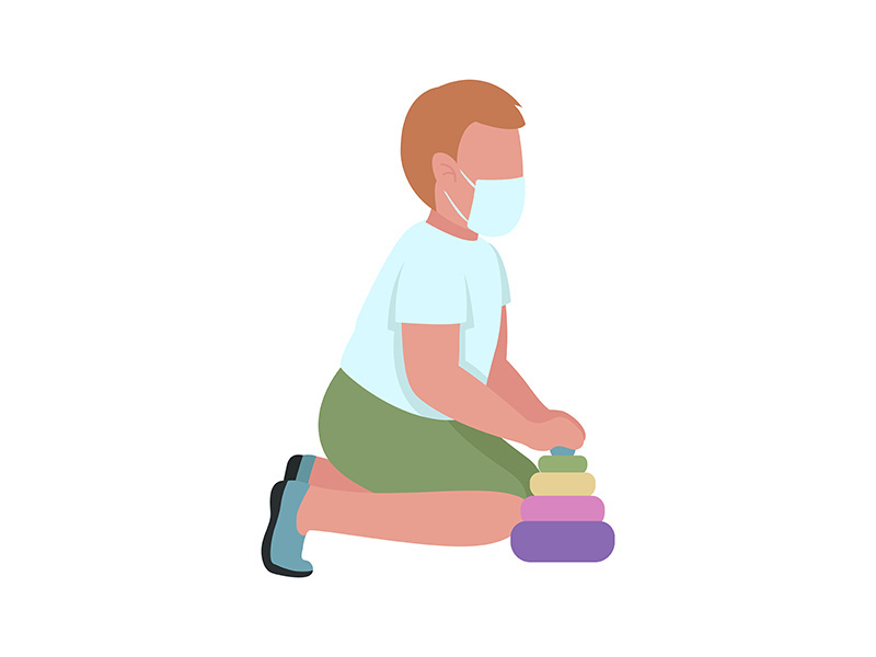 Boy wearing mask in kindergarten semi flat color vector character