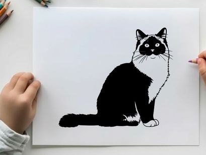 Silhouette of a sitting cat with white and black fur