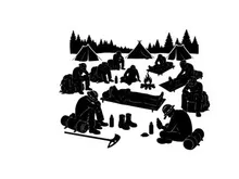 Winter camping silhouette scene with people and tents in snowy forest