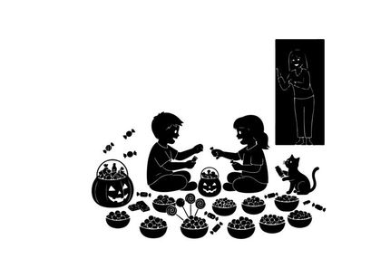 Halloween silhouette of children and cat with jack o lanterns and treats