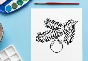 Cabang pohon Natal dengan hiasan gantung, ilustrasi seni garis yang meriah.