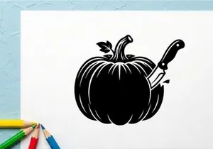 Pumpkin with Knife for Halloween or Cooking Preparation