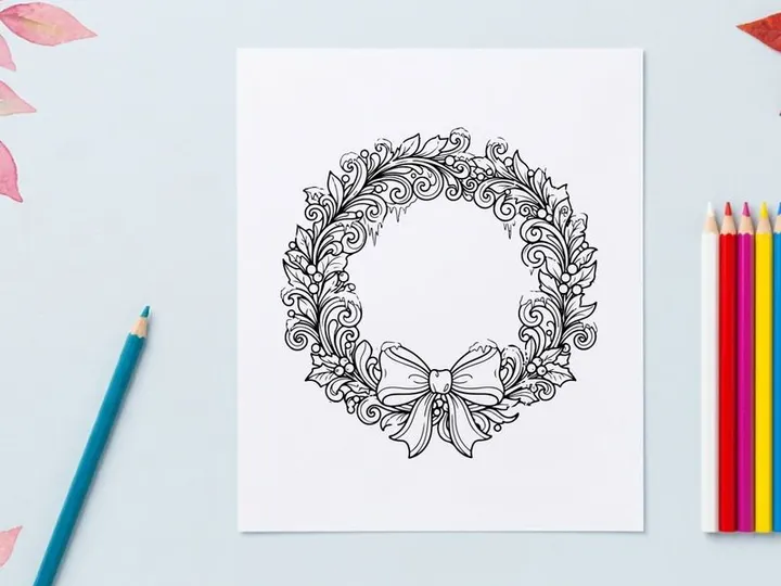 Elegantes schwarz-weißes Weihnachtskranz-Design mit floralen und Rankenverzierungen für festliche Deko