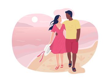 Boyfriend and girlfriend walk in beach 2D vector web banner, poster preview picture