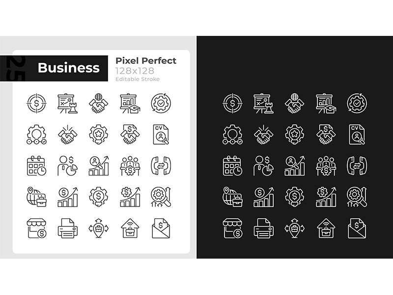 Business management pixel perfect linear icons set for dark, light mode