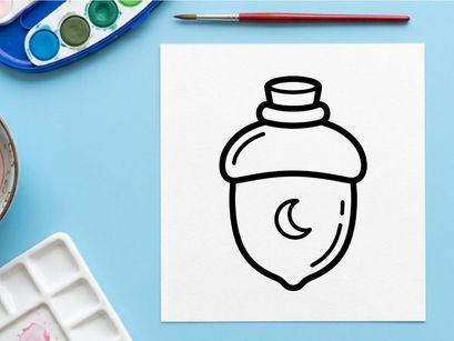 Acorn potion bottle icon. Magical forest nut with moon symbol for fantasy design.