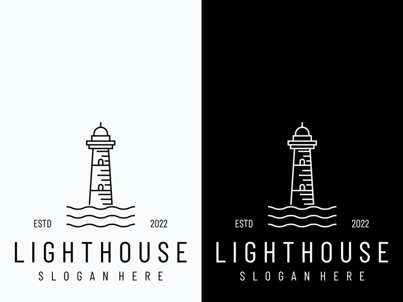 Sea lighthouse tower building creative logo with spotlights vintage vector template.