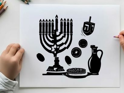 Hanukkah silhouette with menorah dreidel and traditional foods