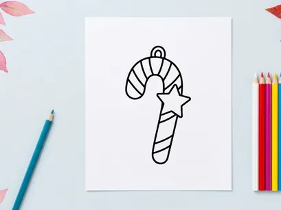 Christmas candy cane ornament with star icon, simple black line art vector illustration