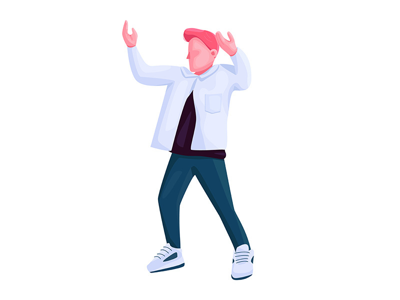 Man in trendy clothes dancing flat color vector faceless character