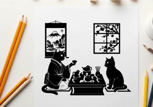 Whimsical silhouette of cats in traditional japanese setting tea ceremony