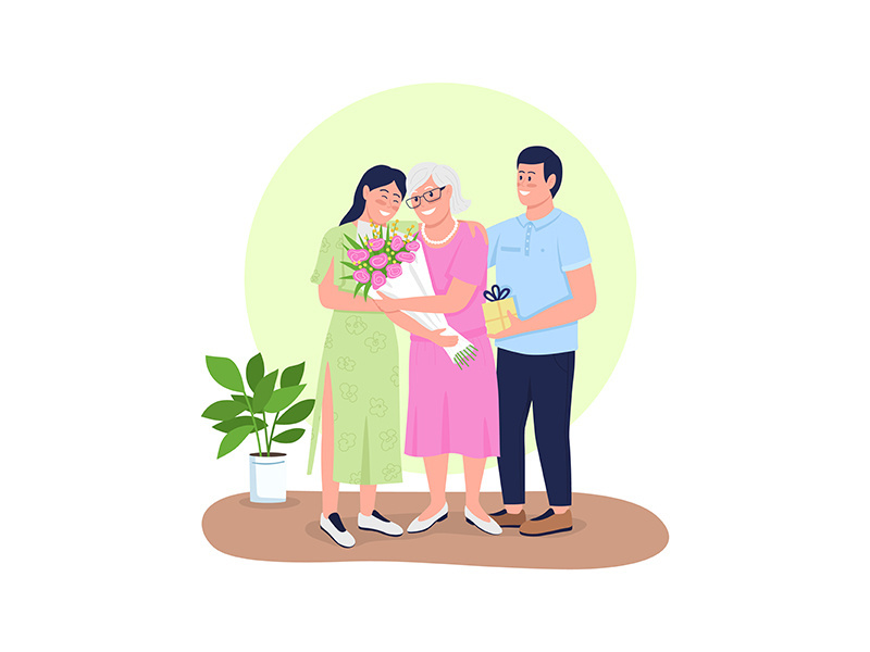 Senior mother with adult children flat color vector detailed character