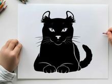 Silhouette of a black cat sitting on the ground looking forward