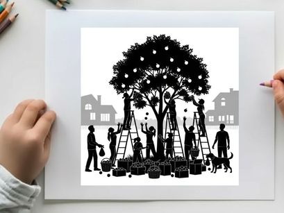 Silhouette of people decorating a tree with lights in a residential area silhouette