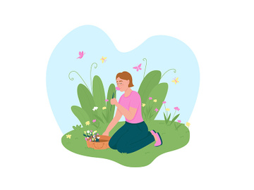Girl picking up flowers 2D vector web banner, poster preview picture
