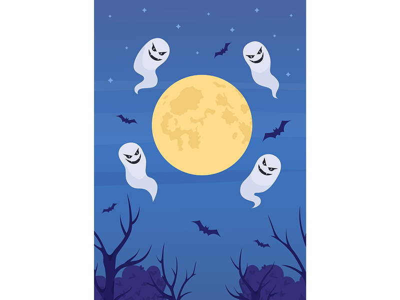 Moon and floating spirits flat color vector illustration