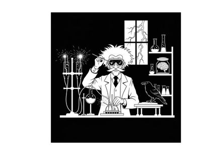 Silhouette of a mad scientist in his laboratory with a crow