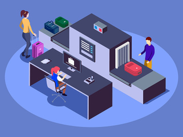 Airport baggage scanner isometric color vector illustration preview picture